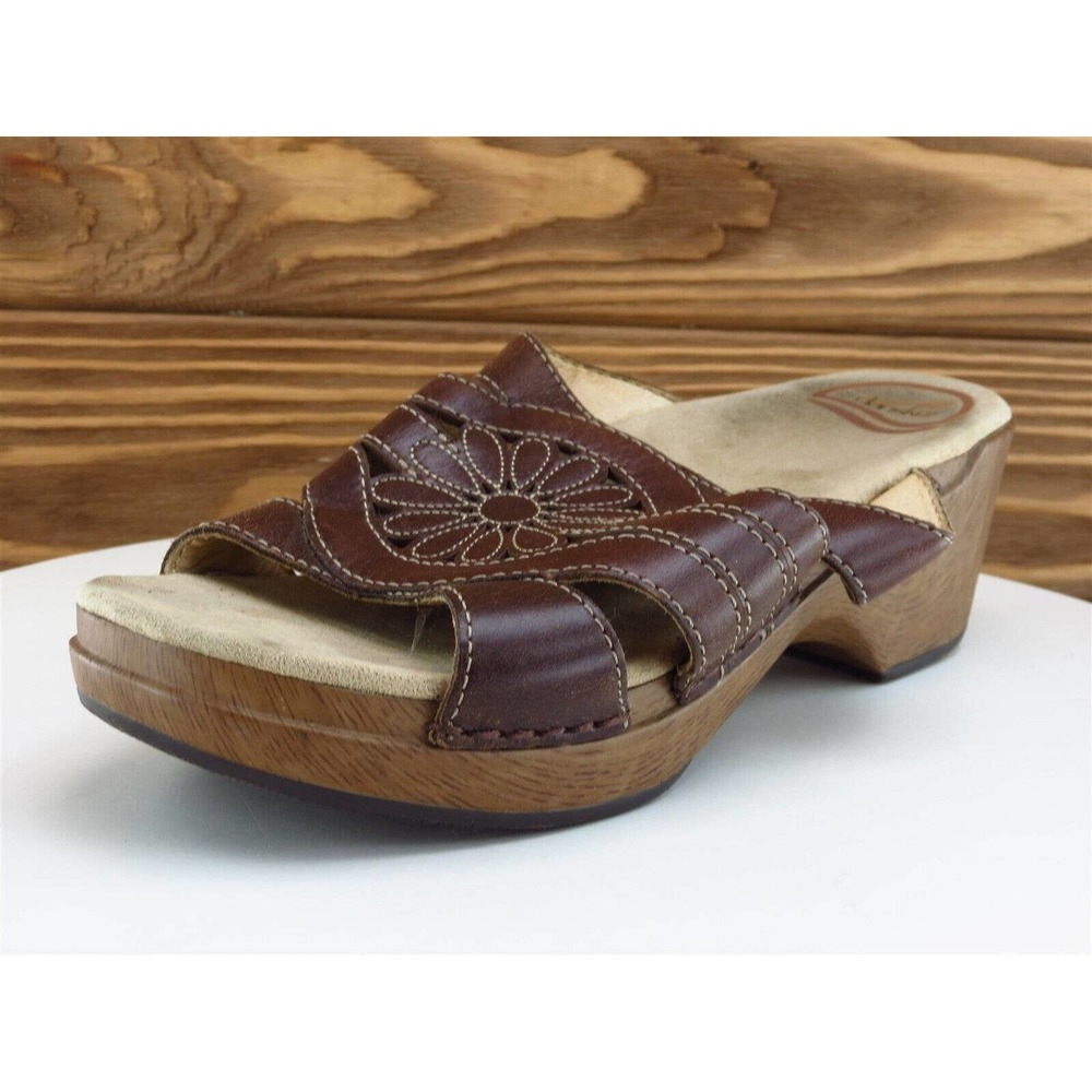 Dansko Brown Leather Floral Clog Sandals